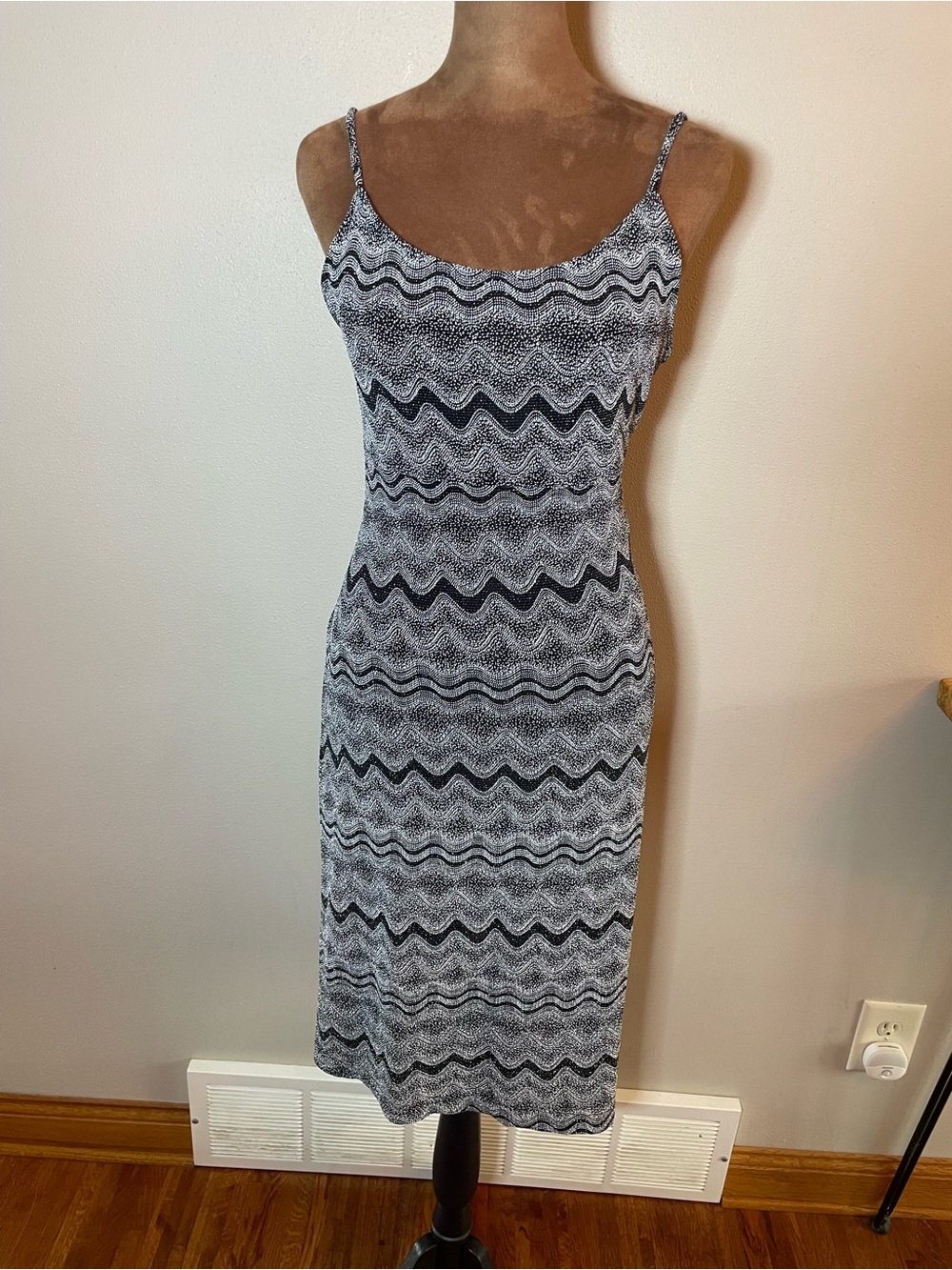 Vintage Studio Y Black & Silver Beaded Wave-Print Midi Slip Dress